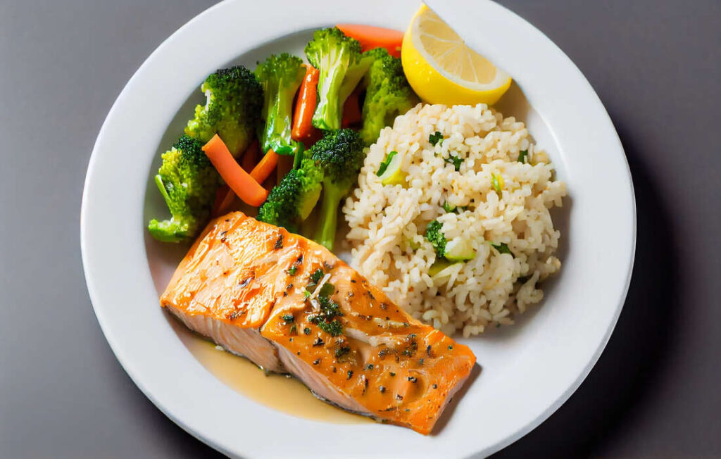 régime protéiné à base de saumon grillé avec du riz